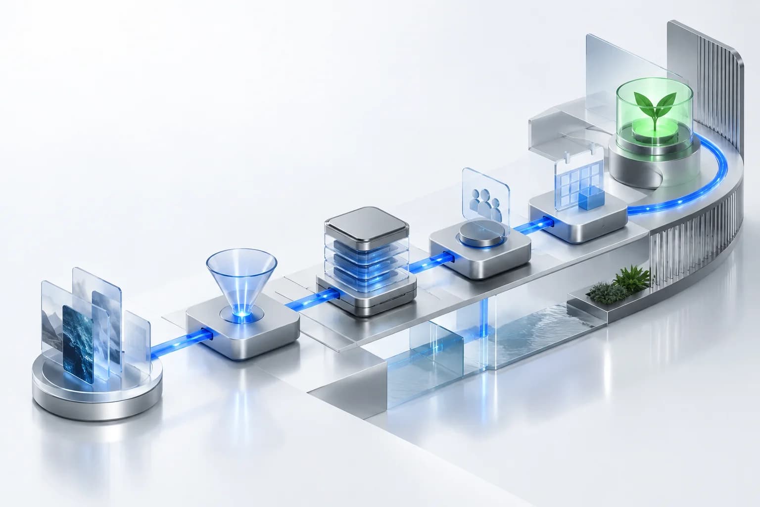 Abstract modules connected by a blue signal path, representing a connected customer journey