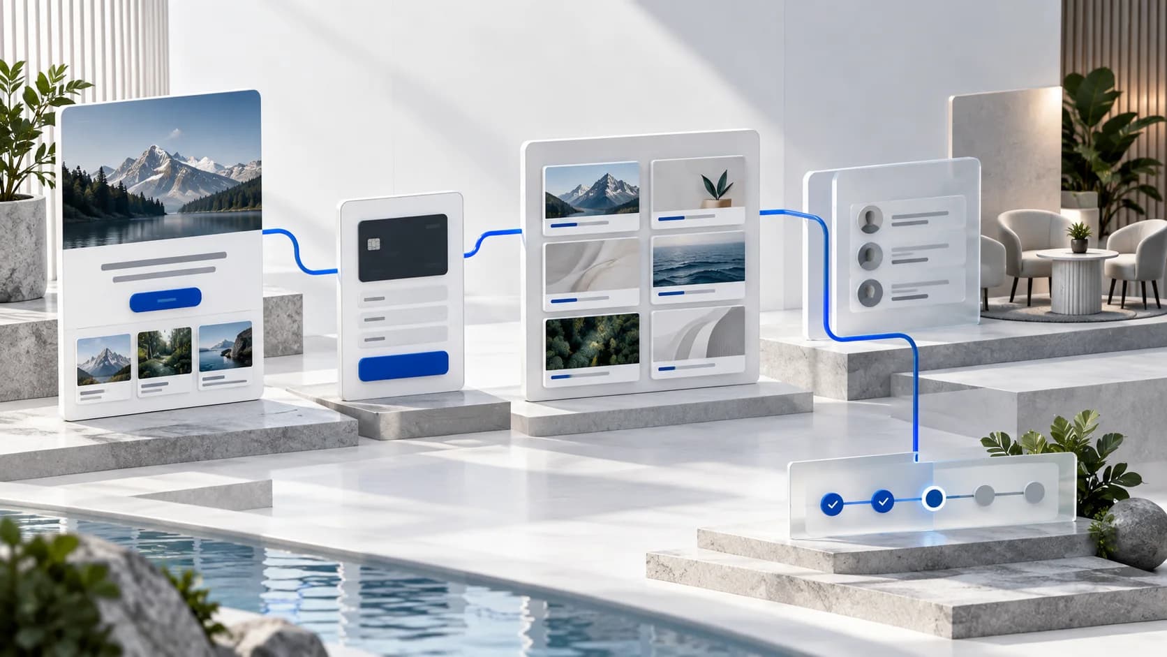 Conceptual course business ecosystem connecting landing page, checkout, content, community, and onboarding